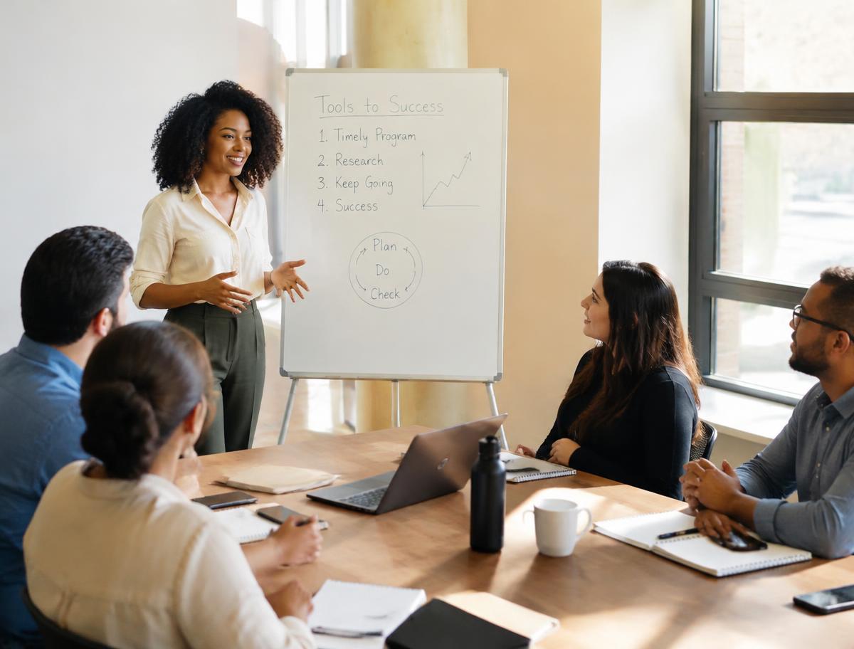 A trainer leading a confident team discussion in a workshop